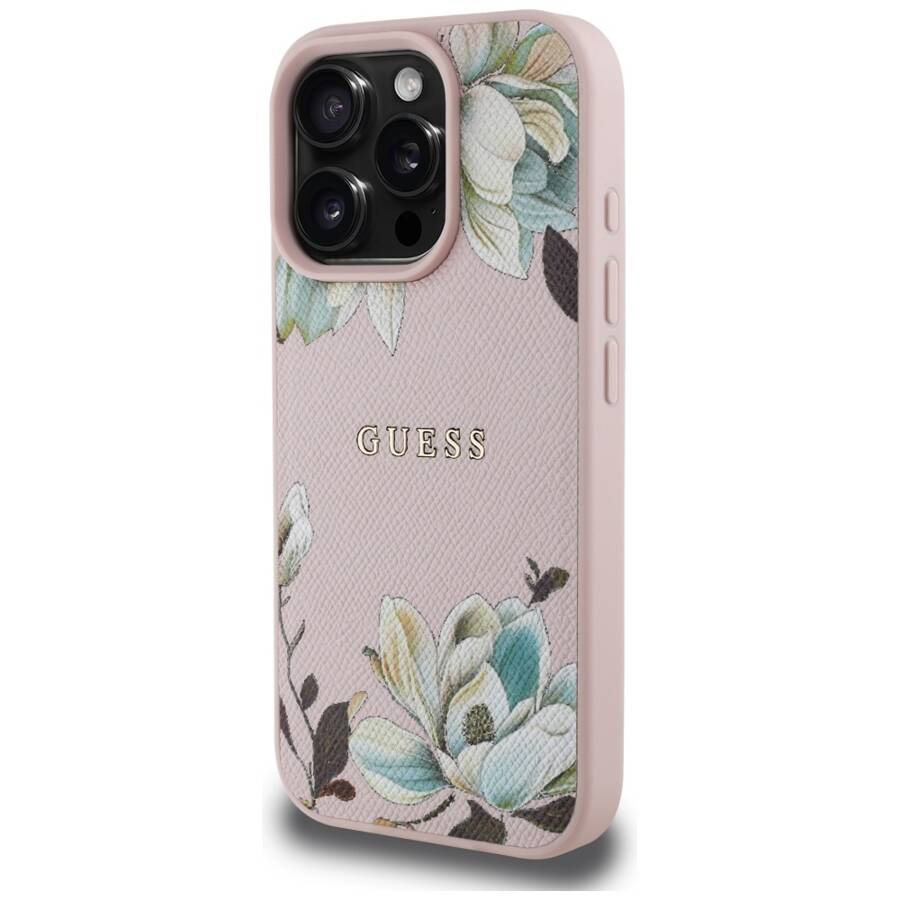 Etui Guess Grained Printed Flower         Pattern MagSafe do iPhone 16 Pro Max różowy