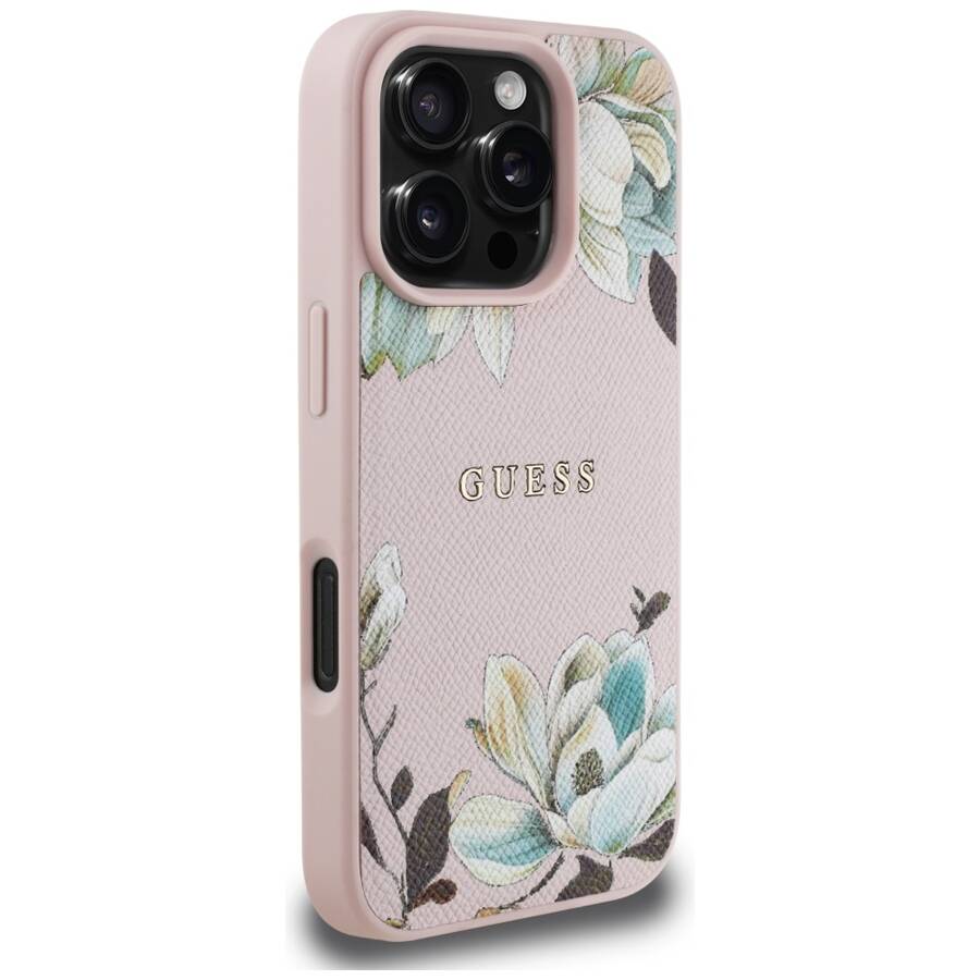 Etui Guess Grained Printed Flower         Pattern MagSafe do iPhone 16 Pro Max różowy