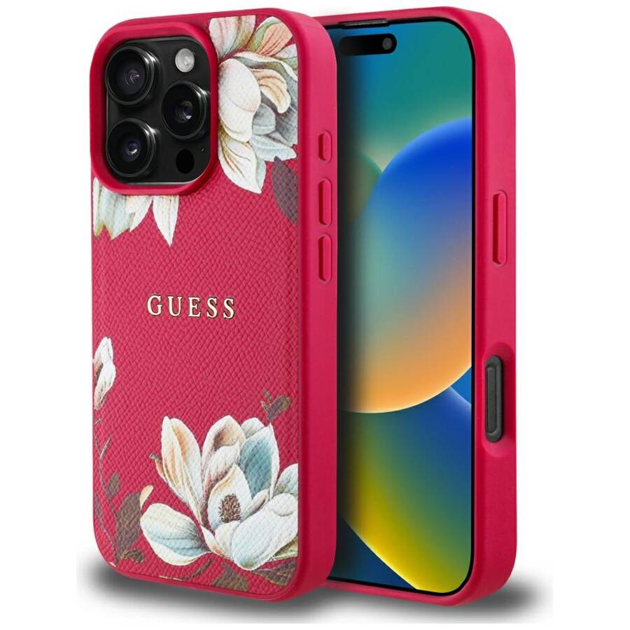 Etui Guess Grained Printed Flower         Pattern MagSafe do iPhone 16 Pro fuksja