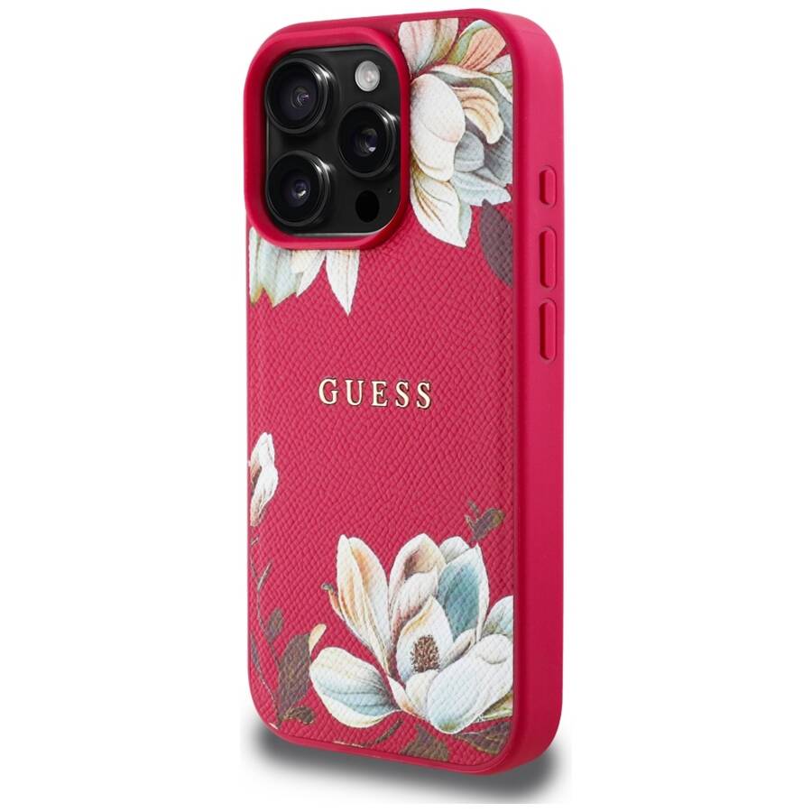 Etui Guess Grained Printed Flower         Pattern MagSafe do iPhone 16 Pro fuksja