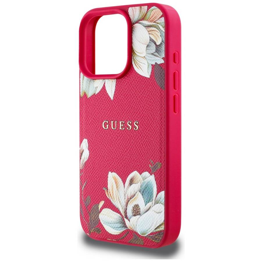 Etui Guess Grained Printed Flower         Pattern MagSafe do iPhone 16 Pro fuksja