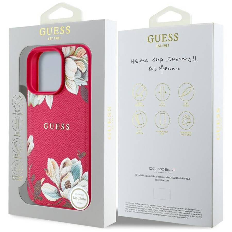 Etui Guess Grained Printed Flower         Pattern MagSafe do iPhone 16 Pro fuksja