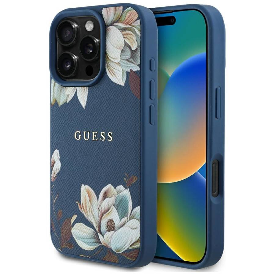 Etui Guess Grained Printed Flower         Pattern MagSafe do iPhone 16 Pro niebieski