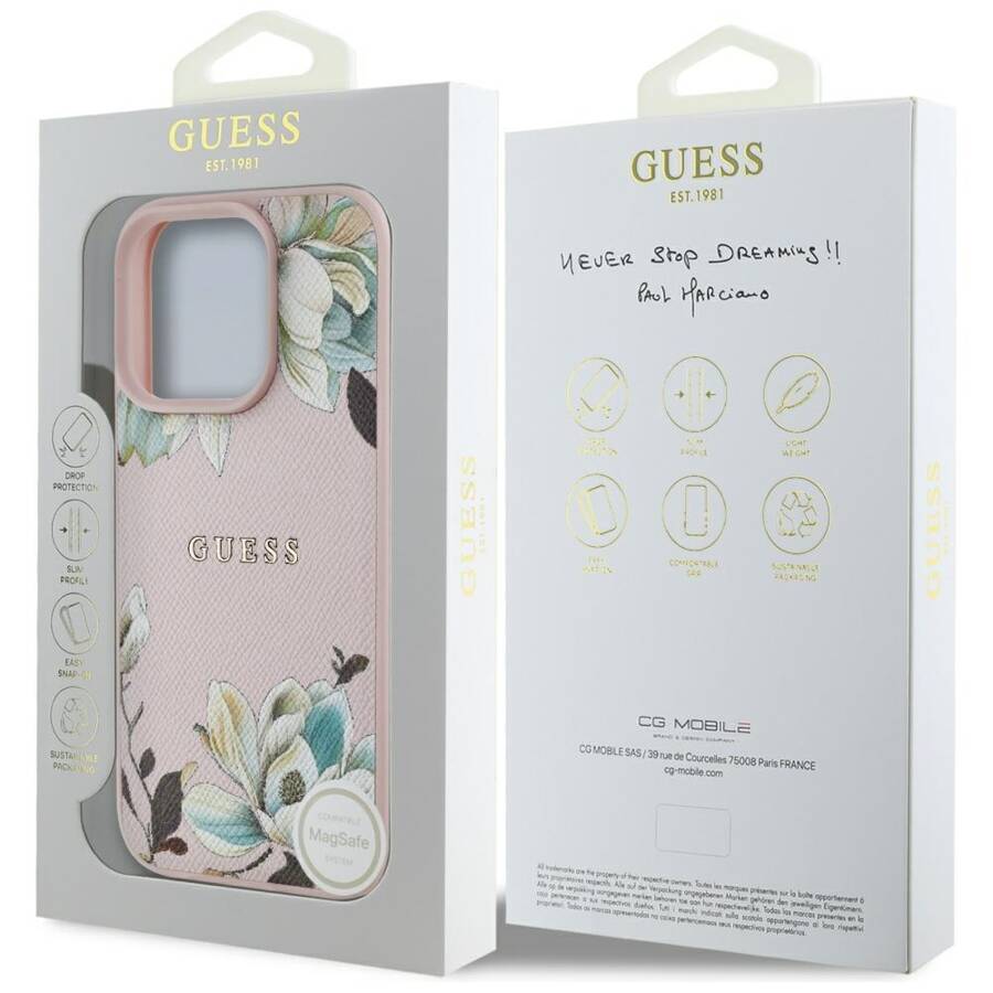 Etui Guess Grained Printed Flower         Pattern MagSafe do iPhone 16 Pro różowy