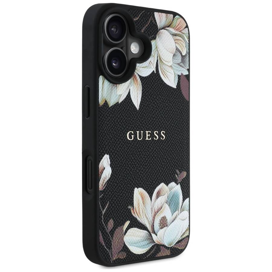 Etui Guess Grained Printed Flower         Pattern MagSafe do iPhone 16 czarny