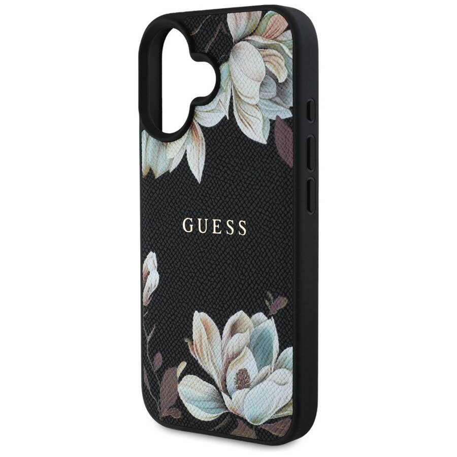 Etui Guess Grained Printed Flower         Pattern MagSafe do iPhone 16 czarny