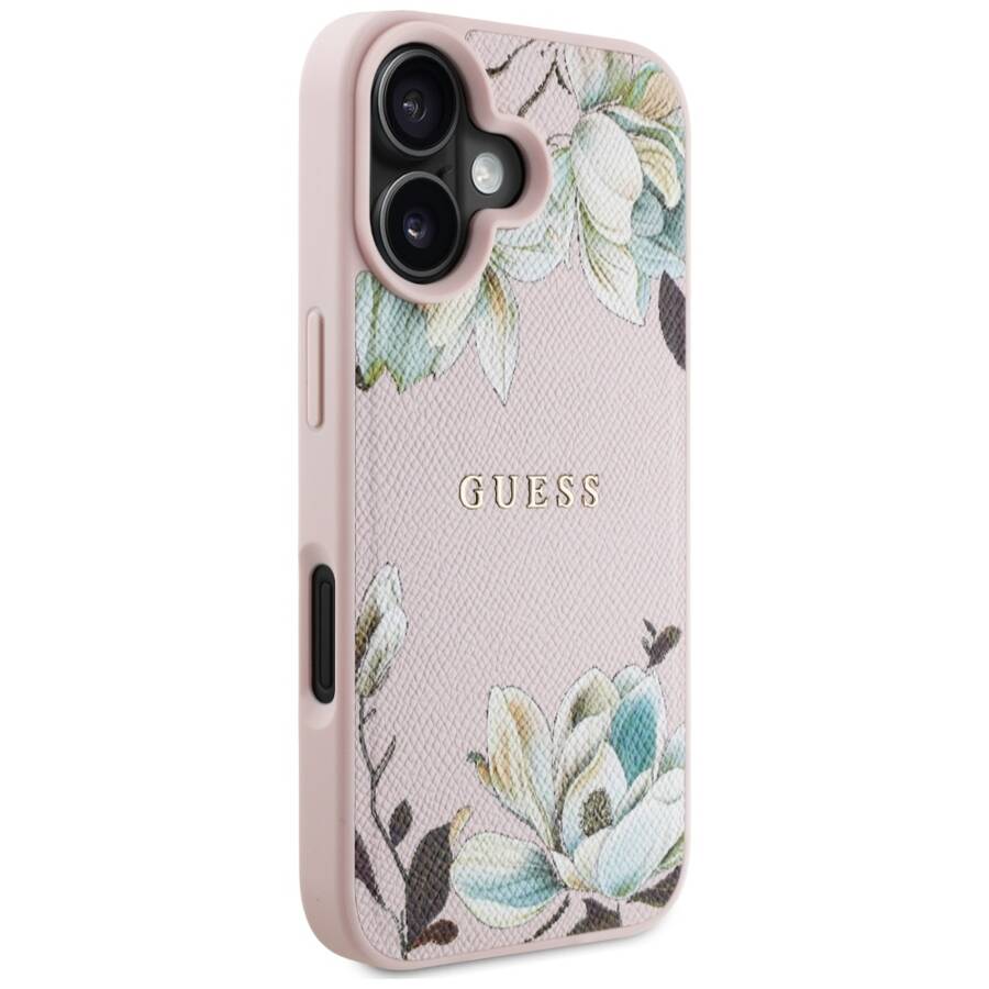 Etui Guess Grained Printed Flower         Pattern MagSafe do iPhone 16 różowy