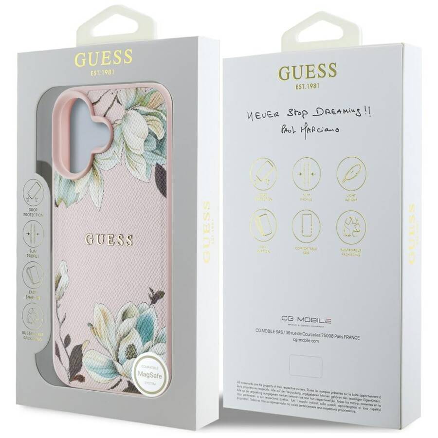 Etui Guess Grained Printed Flower         Pattern MagSafe do iPhone 16 różowy