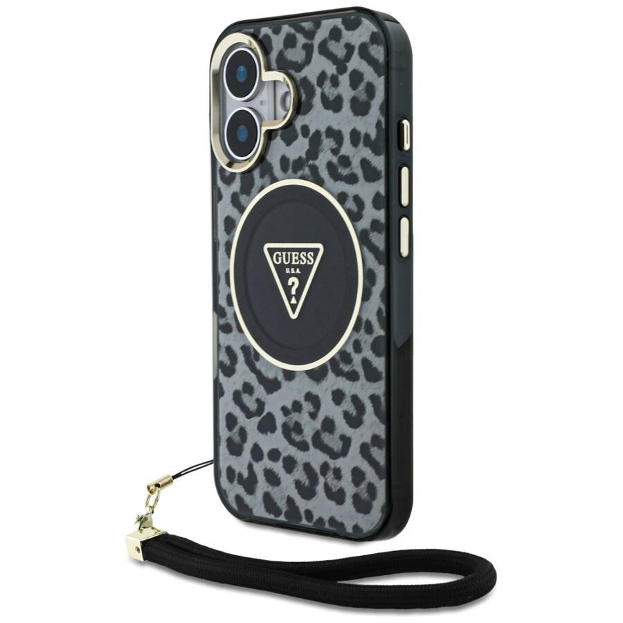 Etui Guess HC IML Leopard Triangle Cord   Strap do iPhone 16 MagSafe czarny