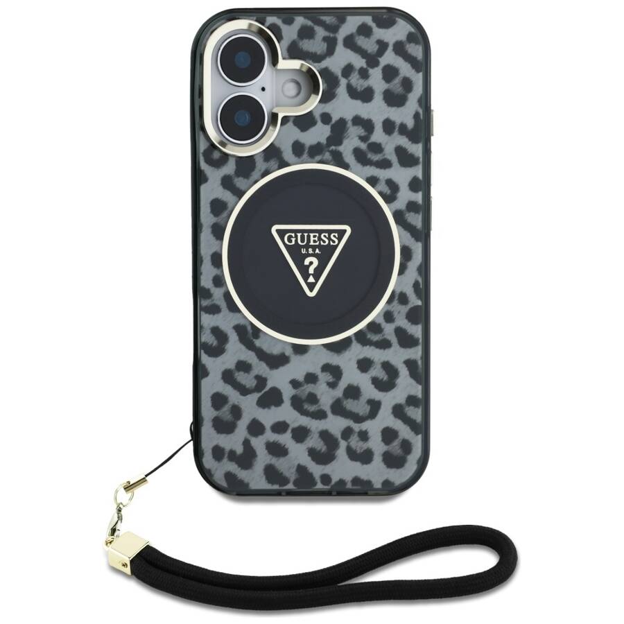 Etui Guess HC IML Leopard Triangle Cord   Strap do iPhone 16 MagSafe czarny