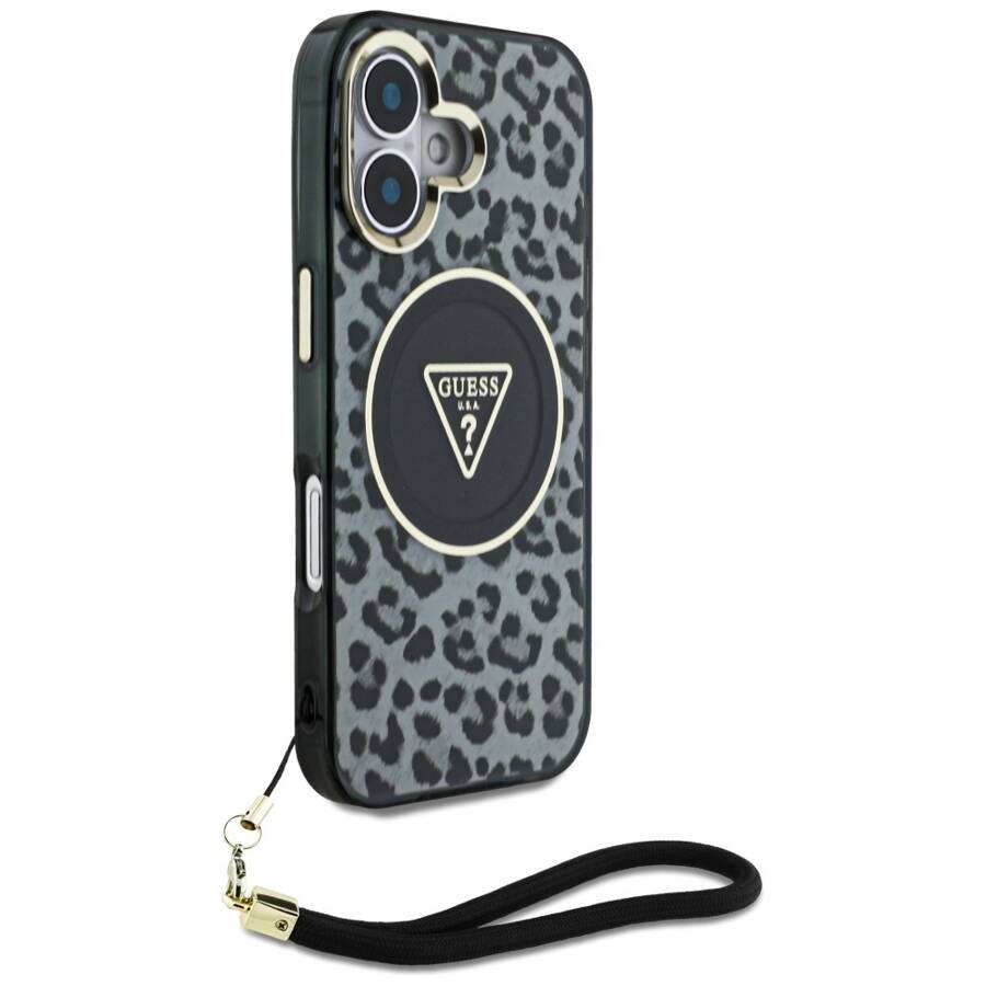 Etui Guess HC IML Leopard Triangle Cord   Strap do iPhone 16 MagSafe czarny