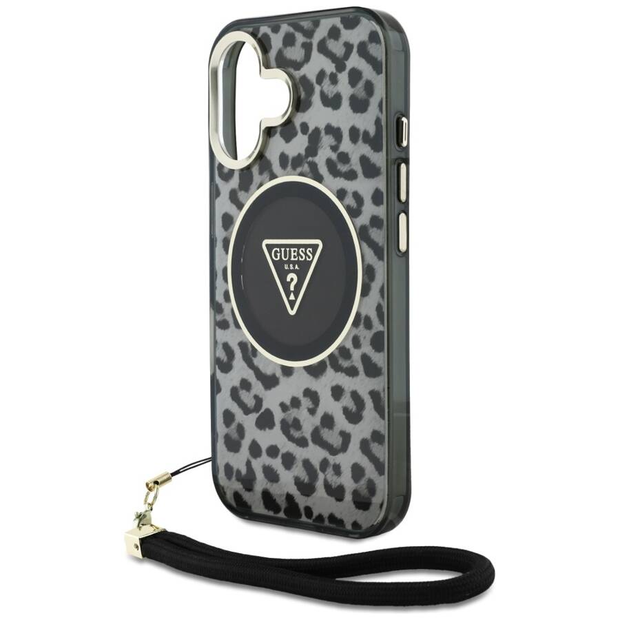 Etui Guess HC IML Leopard Triangle Cord   Strap do iPhone 16 MagSafe czarny