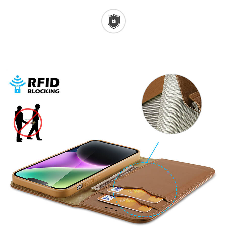 Etui z portfelem Dux Ducis Hivo z blokadą RFID do iPhone 15 - brązowe