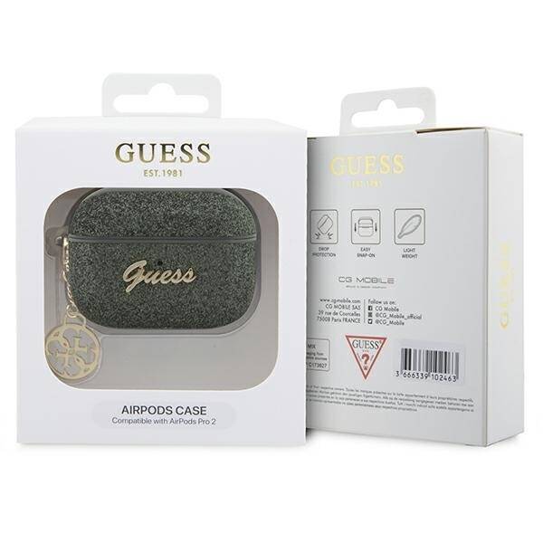 GUESS GUAP2GLGSHA AIRPODS PRO 2 (2022/2023) COVER ZIELONY/KAKI GLITTER FLAKE 4G CHARM