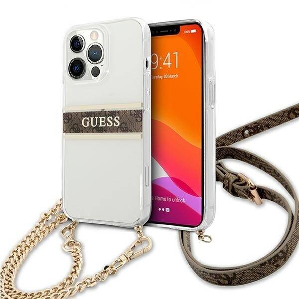 GUESS GUHCP13XKC4GBGO IPHONE 13 PRO MAX 6,7" TRANSPARENT HARDCASE 4G BROWN STRAP GOLD CHAIN