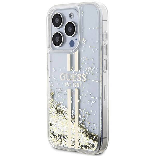 GUESS GUHCP15LLFCSEGT IPHONE 15 PRO 6.1" TRANSPARENT HARDCASE LIQUID GLITTER GOLD STRIPES