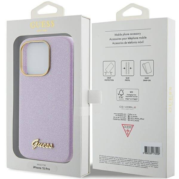 GUESS GUHCP15LPGMCSL IPHONE 15 PRO 6.1" LILIOWY/LILAC HARDCASE GLITTER GLOSSY SCRIPT