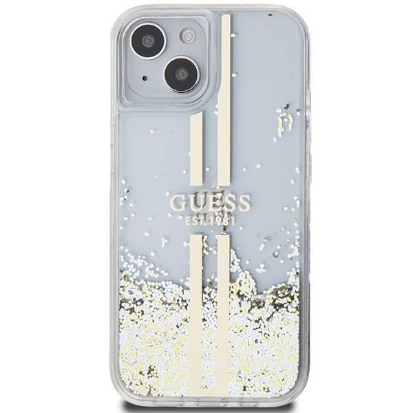 GUESS GUHCP15SLFCSEGT IPHONE 15 / 14 / 13 6.1" TRANSPARENT HARDCASE LIQUID GLITTER GOLD STRIPES