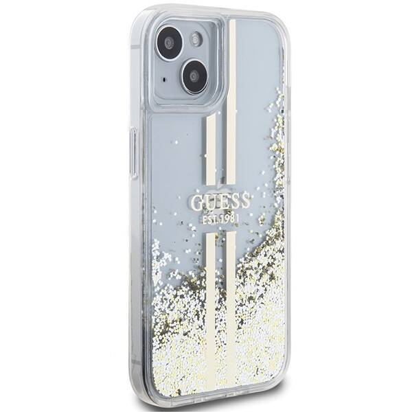 GUESS GUHCP15SLFCSEGT IPHONE 15 / 14 / 13 6.1" TRANSPARENT HARDCASE LIQUID GLITTER GOLD STRIPES