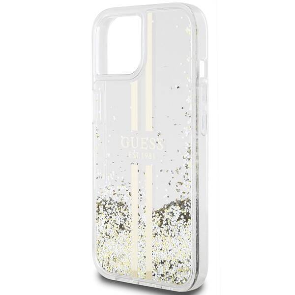 GUESS GUHCP15SLFCSEGT IPHONE 15 / 14 / 13 6.1" TRANSPARENT HARDCASE LIQUID GLITTER GOLD STRIPES