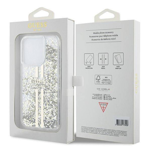 GUESS GUHCP15XLFCSEGT IPHONE 15 PRO MAX 6.7" TRANSPARENT HARDCASE LIQUID GLITTER GOLD STRIPES