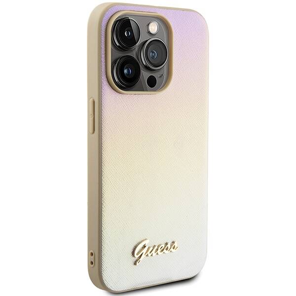 GUESS GUHCP15XPSAIRSD IPHONE 15 PRO MAX 6.7" ZŁOTY/GOLD HARDCASE SAFFIANO IRIDESCENT SCRIPT