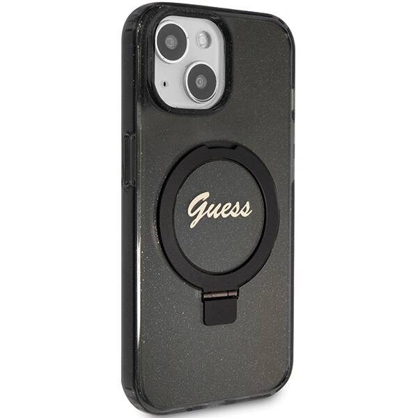 GUESS GUHMP13MHRSGSK IPHONE 13 / 14 / 15 6.1" CZARNY/BLACK HARDCASE RING STAND SCRIPT GLITTER MAGSAFE