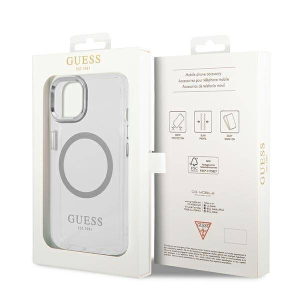 GUESS GUHMP14MHTRMS IPHONE 14 PLUS / 15 PLUS 6.7" SREBRNY/SILVER HARD CASE METAL OUTLINE MAGSAFE