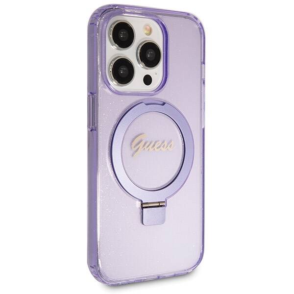 GUESS GUHMP14XHRSGSU IPHONE 14 PRO MAX 6.7" FIOLETOWY/PURPLE HARDCASE RING STAND SCRIPT GLITTER MAGSAFE