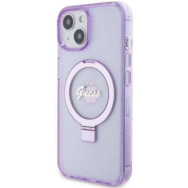 GUESS GUHMP15MHRSGSU IPHONE 15 PLUS / 14 PLUS 6.7" FIOLETOWY/PURPLE HARDCASE RING STAND SCRIPT GLITTER MAGSAFE