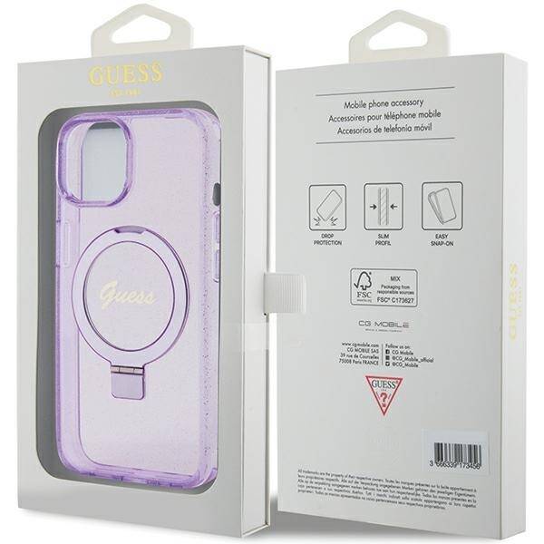 GUESS GUHMP15MHRSGSU IPHONE 15 PLUS / 14 PLUS 6.7" FIOLETOWY/PURPLE HARDCASE RING STAND SCRIPT GLITTER MAGSAFE