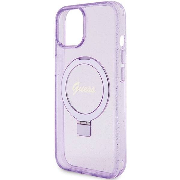 GUESS GUHMP15SHRSGSU IPHONE 15 / 14 / 13 6.1" FIOLETOWY/PURPLE HARDCASE RING STAND SCRIPT GLITTER MAGSAFE