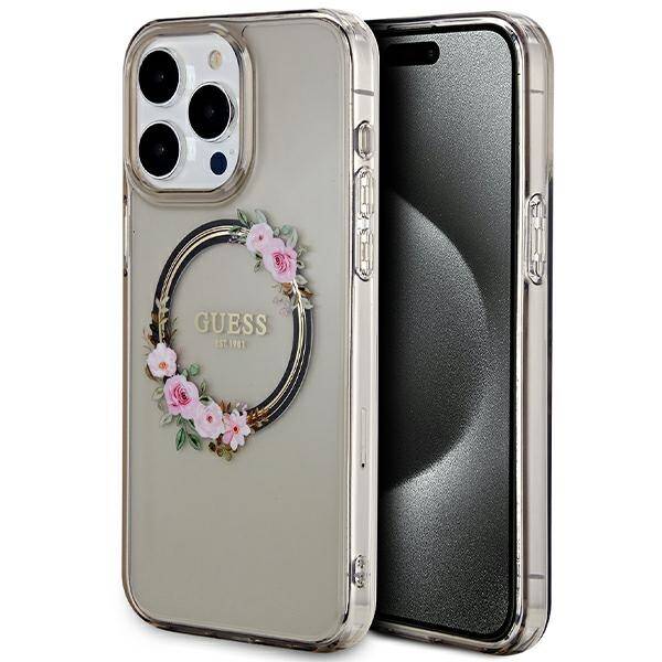 GUESS GUHMP15XHFWFCK IPHONE 15 PRO MAX 6.7" CZARNY/BLACK HARDCASE IML FLOWERS WREATCH MAGSAFE