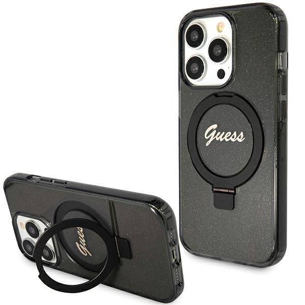 GUESS GUHMP15XHRSGSK IPHONE 15 PRO MAX 6.7" CZARNY/BLACK HARDCASE RING STAND SCRIPT GLITTER MAGSAFE