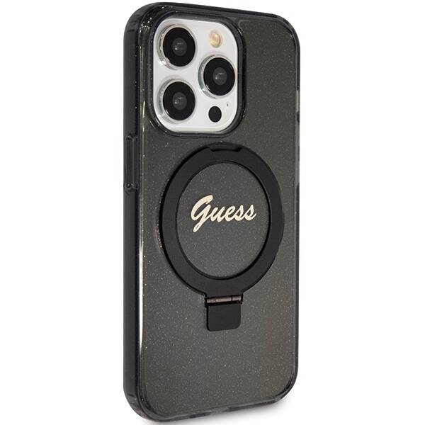 GUESS GUHMP15XHRSGSK IPHONE 15 PRO MAX 6.7" CZARNY/BLACK HARDCASE RING STAND SCRIPT GLITTER MAGSAFE