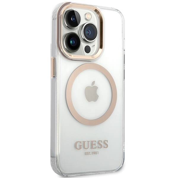 Guess GUHMP15SHTRMD iPhone 15 / 14 / 13 6.1" złoty/gold hard case Metal Outline Magsafe