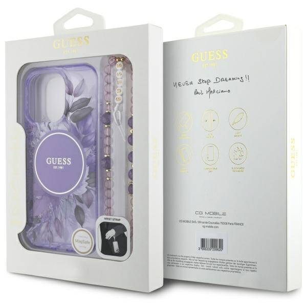 Guess GUHMP16LHFWBRCESU iPhone 16 Pro 6.3" fioletowy/purple hardcase IML Flowers With Pearl Strap MagSafe