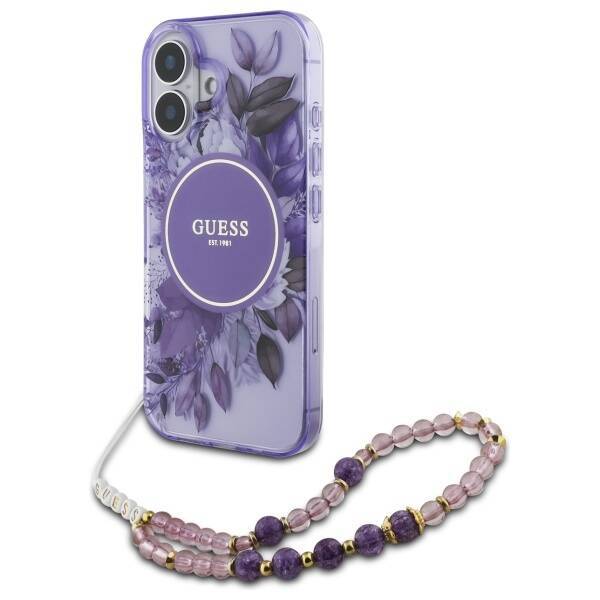 Guess GUHMP16SHFWBRCESU iPhone 16 6.1" fioletowy/purple hardcase IML Flowers With Pearl Strap MagSafe