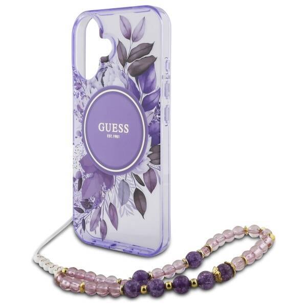 Guess GUHMP16SHFWBRCESU iPhone 16 6.1" fioletowy/purple hardcase IML Flowers With Pearl Strap MagSafe