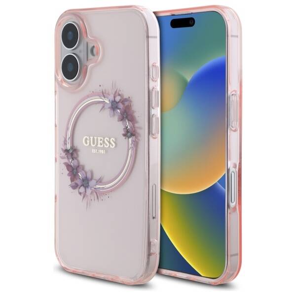 Guess GUHMP16SHFWFCP iPhone 16 6.1" różowy/pink hardcase IML Flowers Wreath MagSafe