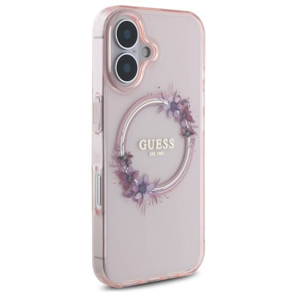 Guess GUHMP16SHFWFCP iPhone 16 6.1" różowy/pink hardcase IML Flowers Wreath MagSafe