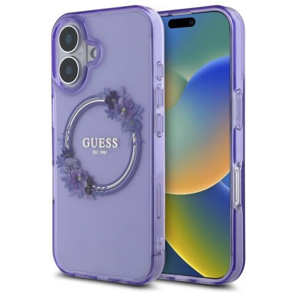 Guess GUHMP16SHFWFCU iPhone 16 6.1" fioletowy/purple hardcase IML Flowers Wreath MagSafe