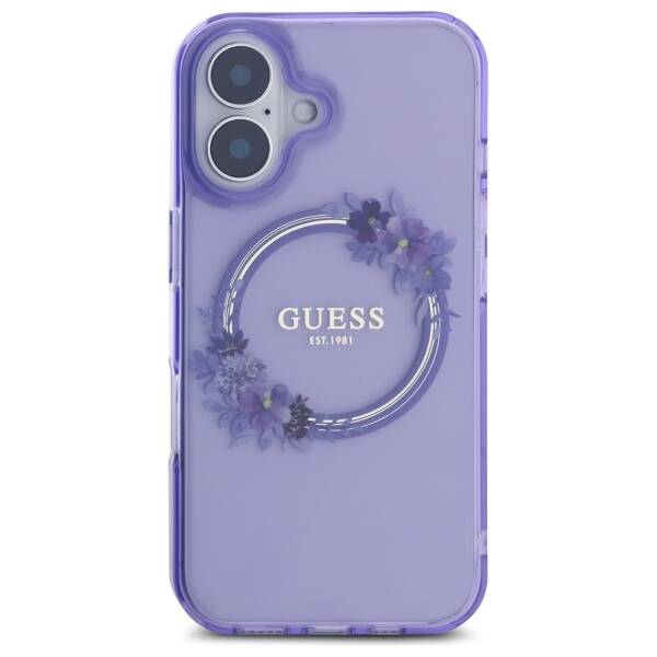 Guess GUHMP16SHFWFCU iPhone 16 6.1" fioletowy/purple hardcase IML Flowers Wreath MagSafe