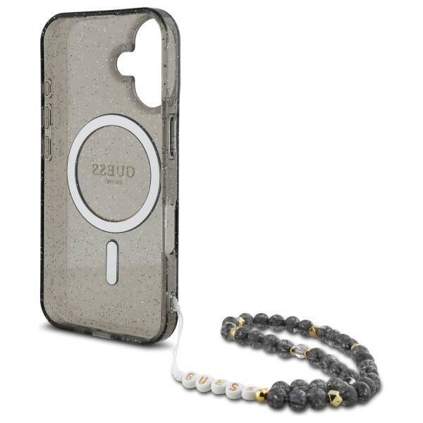 Guess GUHMP16SHGCRELSK iPhone 16 6.1" czarny/czarny hardcase IML Glitter With Pearl Strap MagSafe