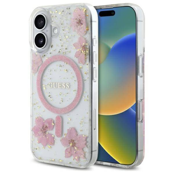 Guess GUHMP16SRBFGFGMP iPhone 16 6.1"     różowy/pink hardcase Resin Flower Glitter MagSafe