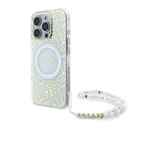 Guess GUHMP16XHCPOFPH iPhone 16 Pro Max 6.9" biały/white hardcase IML Flowers Allover Electro With Pearl Strap MagSafe