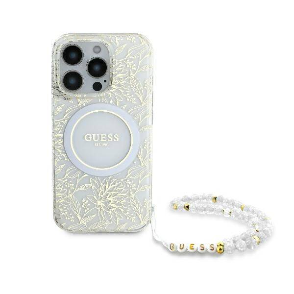 Guess GUHMP16XHCPOFPH iPhone 16 Pro Max 6.9" biały/white hardcase IML Flowers Allover Electro With Pearl Strap MagSafe