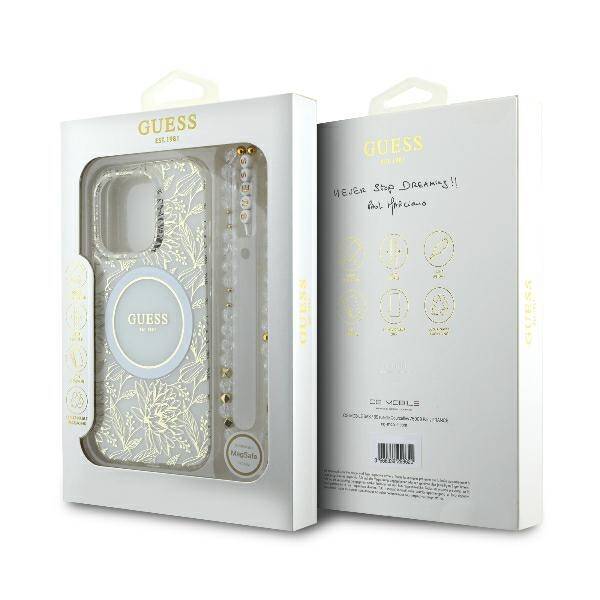 Guess GUHMP16XHCPOFPH iPhone 16 Pro Max 6.9" biały/white hardcase IML Flowers Allover Electro With Pearl Strap MagSafe