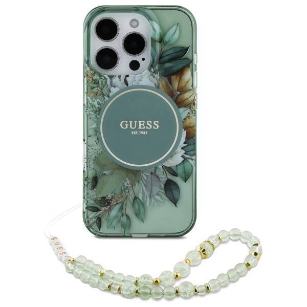 Guess GUHMP16XHFWBRCESN iPhone 16Pro Max 6.9" zielony/green hardcase IML Flowers With Pearl Strap MagSafe