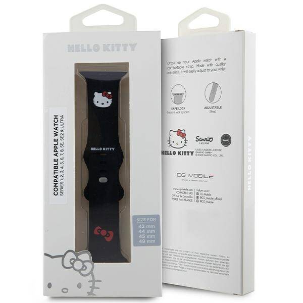 Hello Kitty Pasek HKAWLSCHBLK Apple Watch 42/44/45/49mm czarny/black strap Silicone Kitty Head